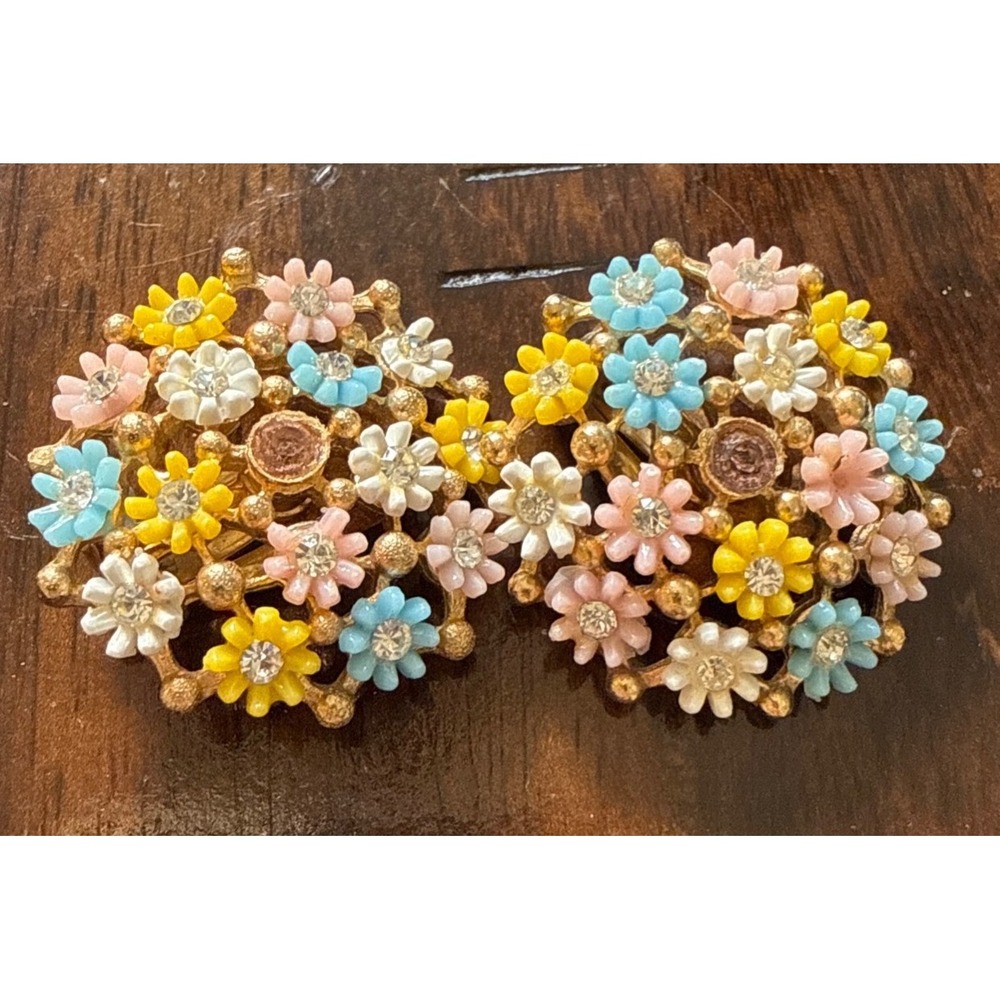 Vintage Leru Multicolored Enamel Flower Rhinestone Clip On Earrings Gold Tone
